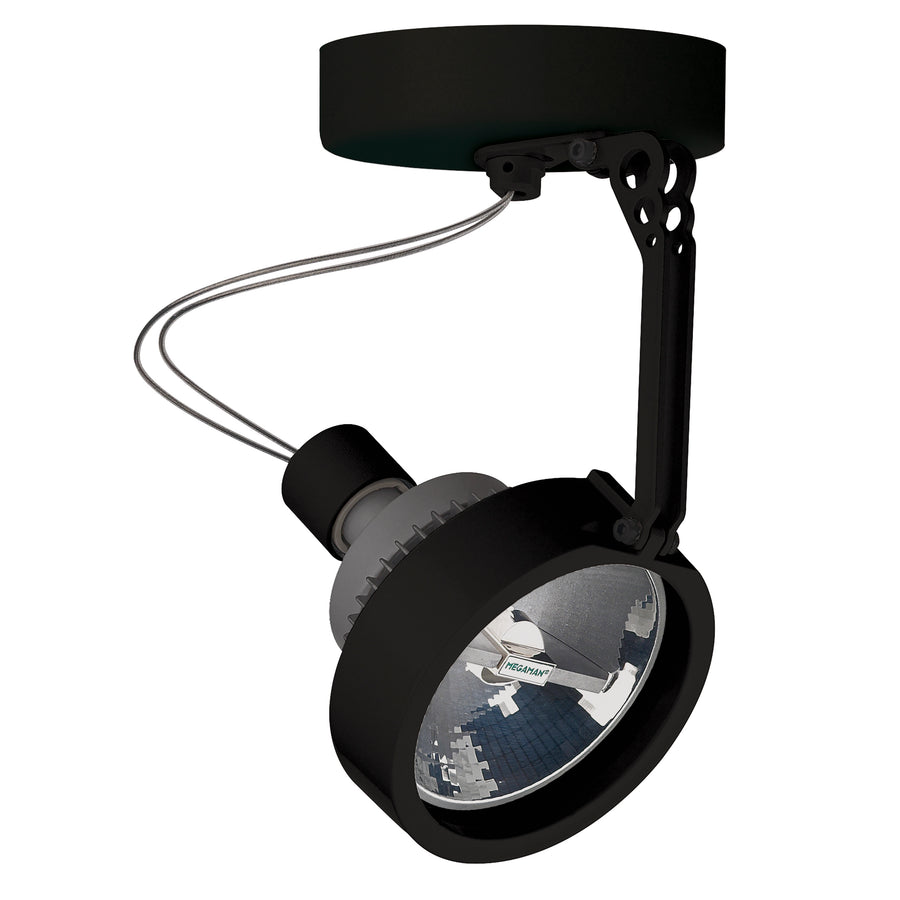Version noire du spot plafond orientable, avec tête cylindrique et réflecteur strié.