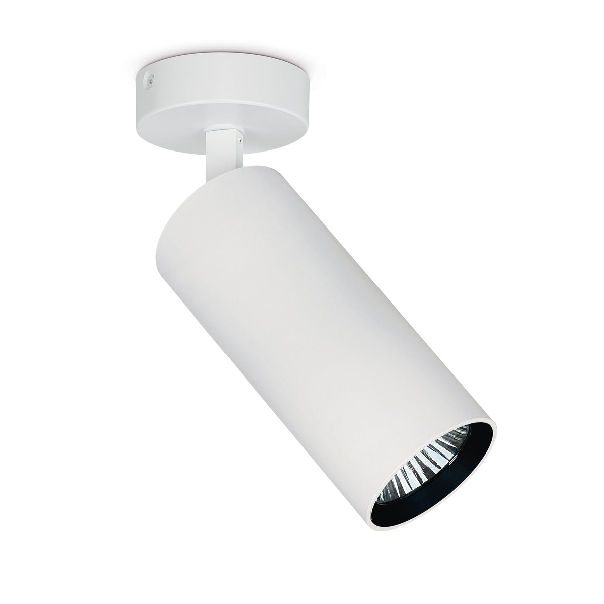 Spot blanc vu de biais, intérieur noir du réflecteur et grille LED apparente