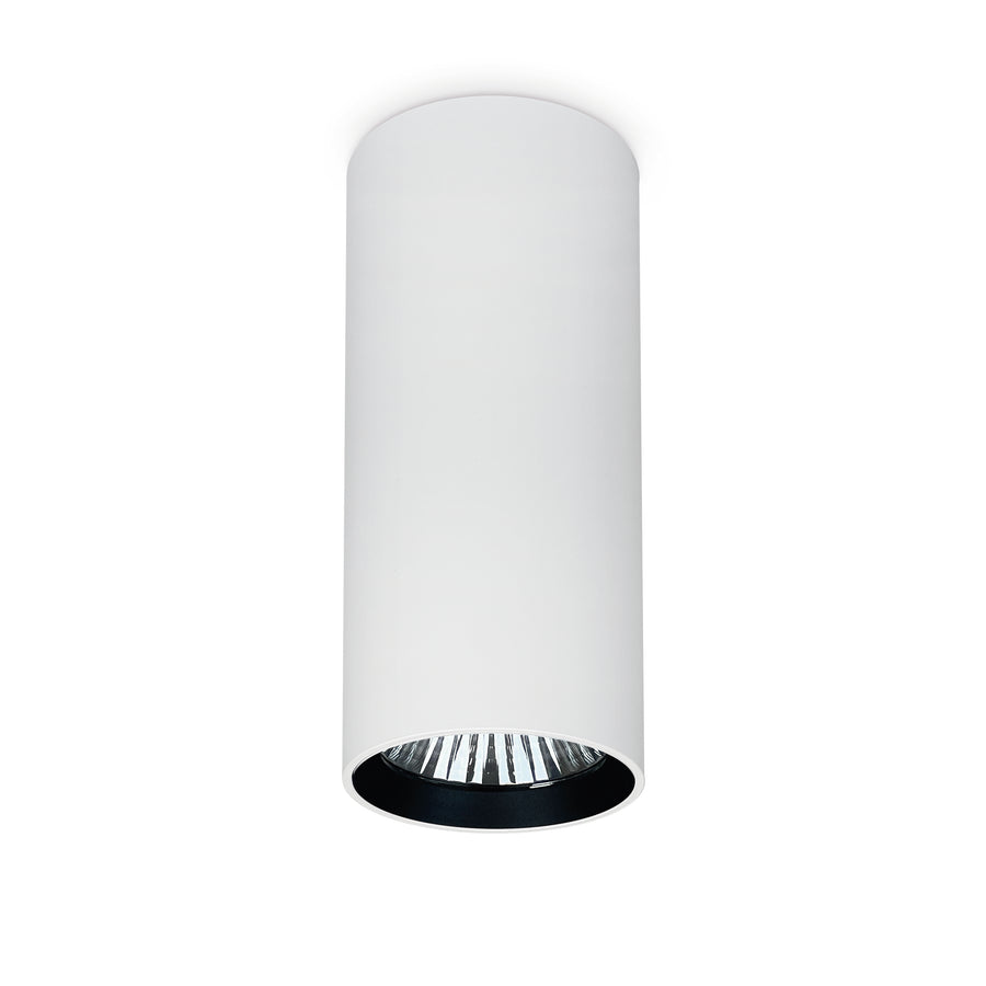 Spot blanc à collerette noire, finition mate et diffuseur LED au centre.