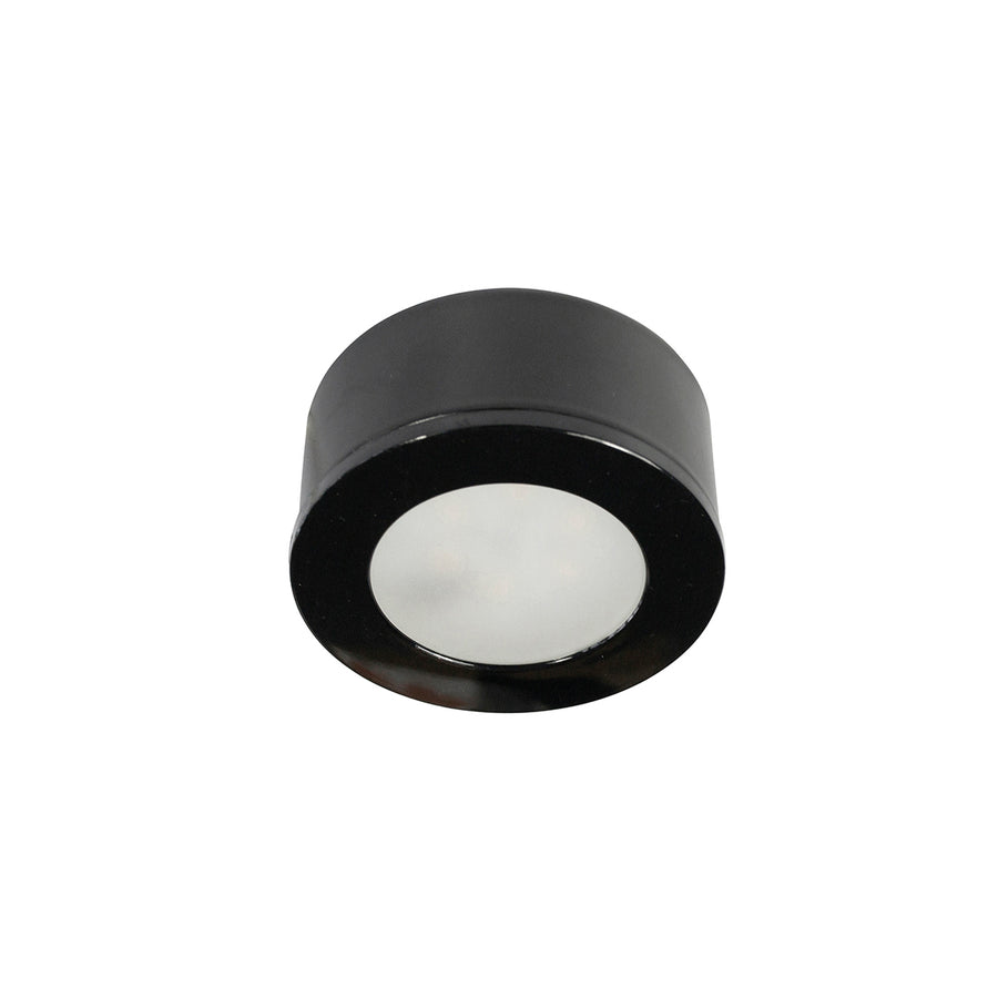 Spot noir mat présenté de face, diffuseur blanc et finition sombre.