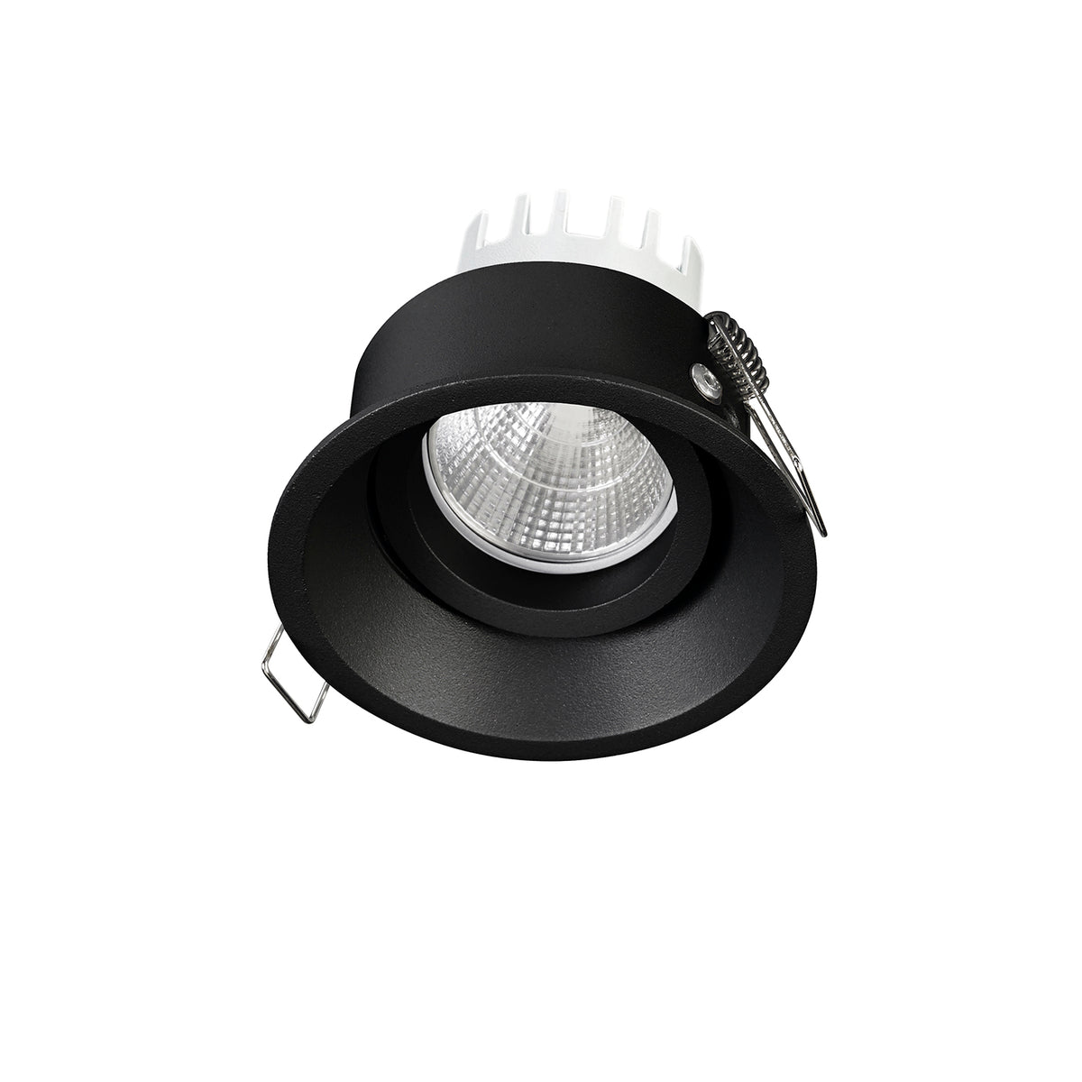 Spot encastrable noir mat orientable, gros plan sur la collerette et le réflecteur