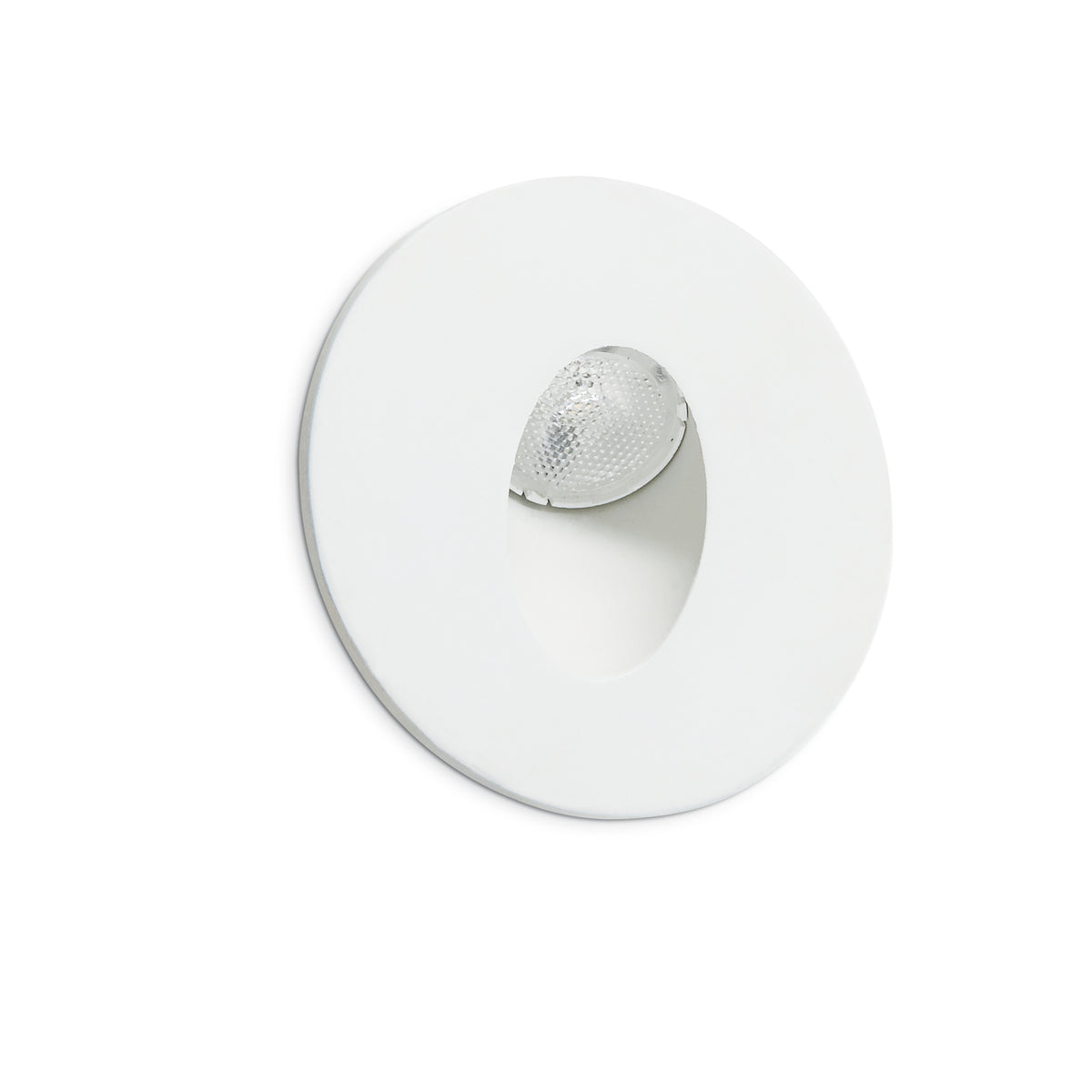 Version blanche du spot rond, lentille texturée orientable vue de près sur fond blanc.
