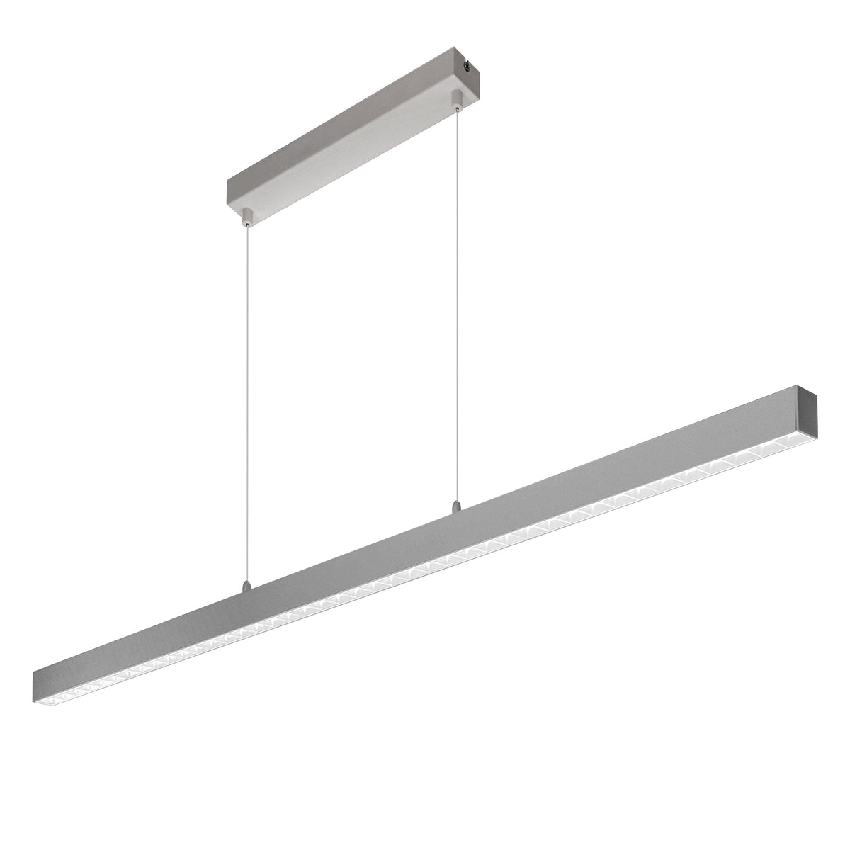 Version grise de la suspension linéaire, diffuseur blanc et montage sur câbles fins.