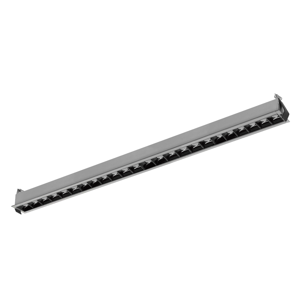 Luminaire gris anthracite, optiques noires alignées et clips aux extrémités.