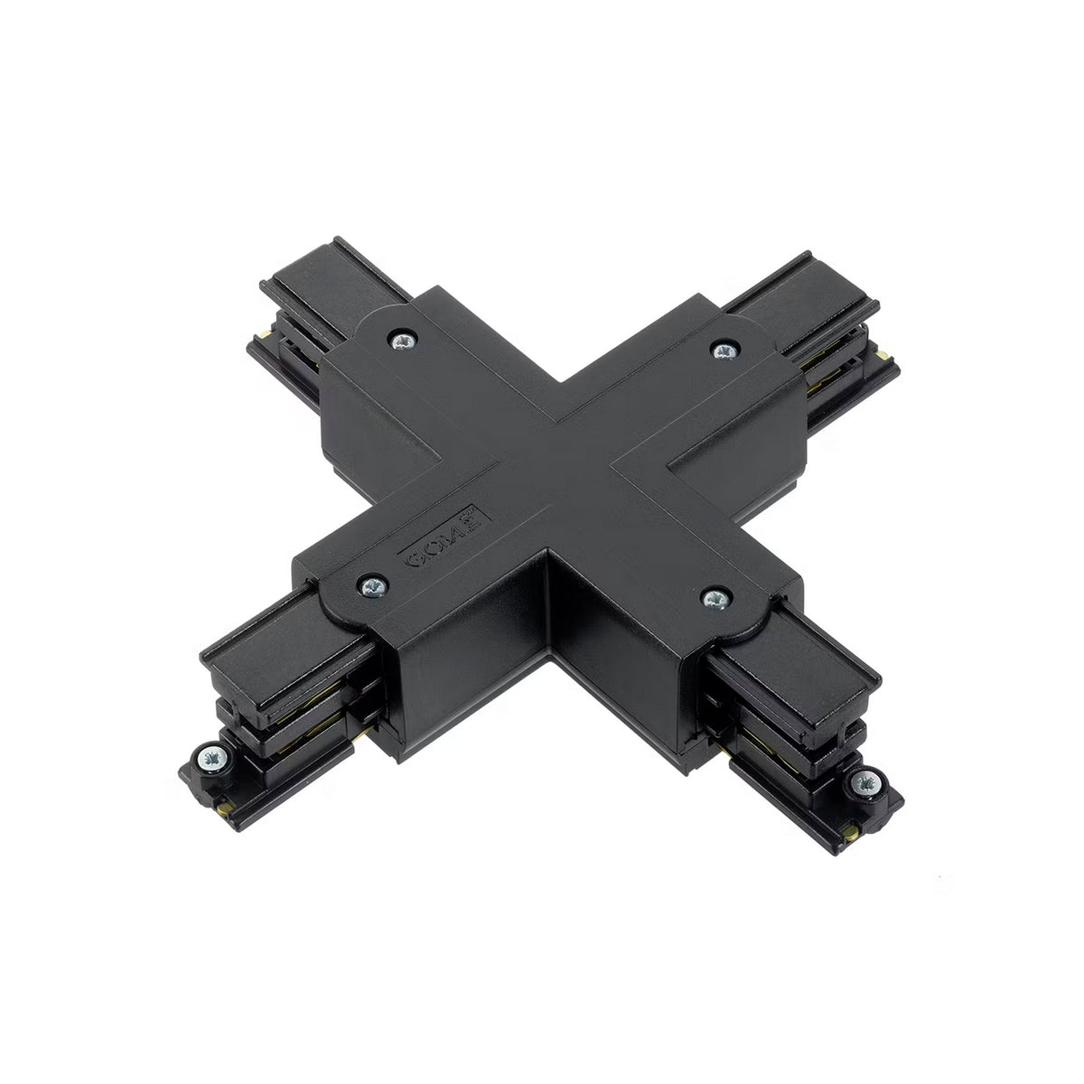 Version noire de la jonction en X, raccords et vis visibles.