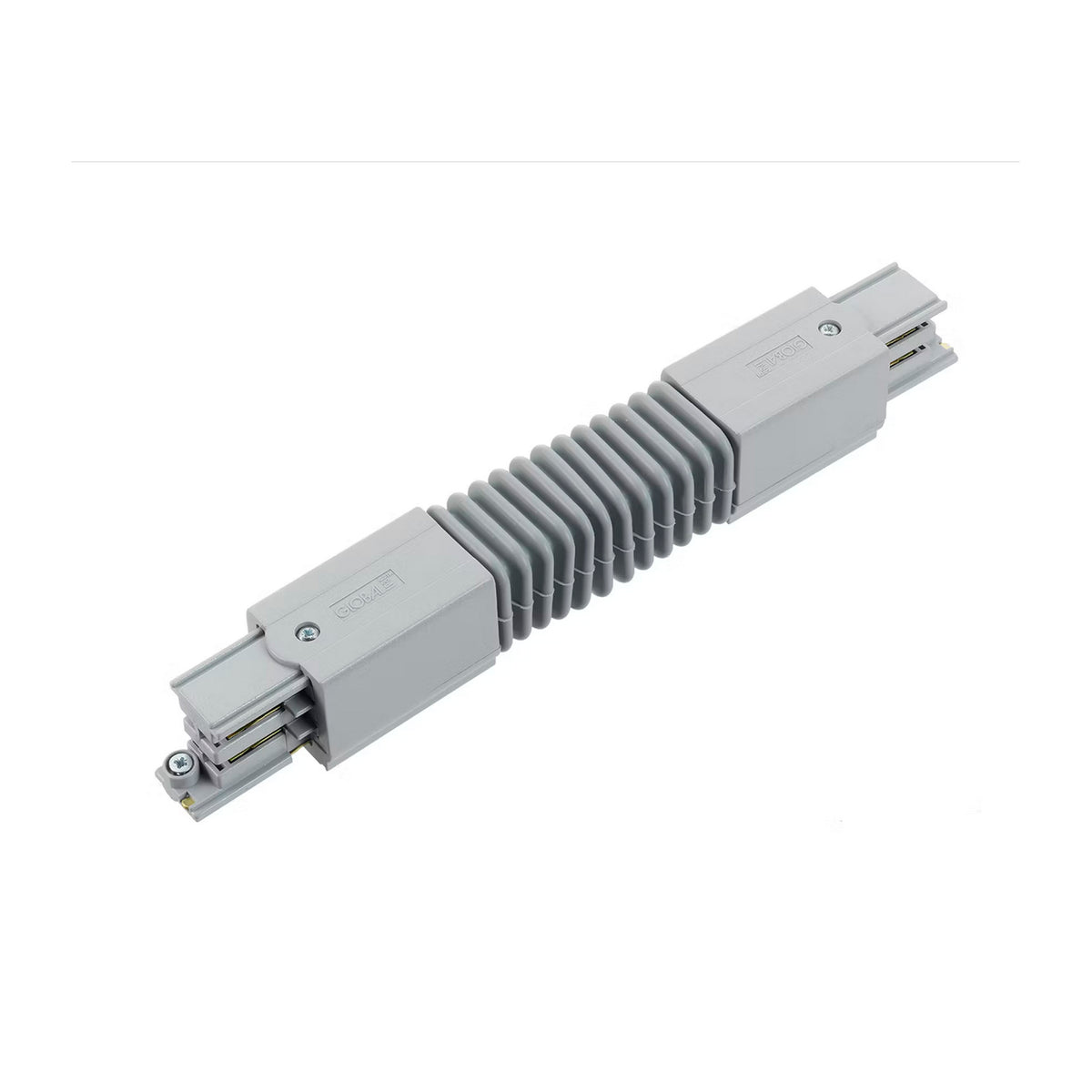 Jonction flexible grise pour rail triphasé, connecteurs et soufflet central visibles