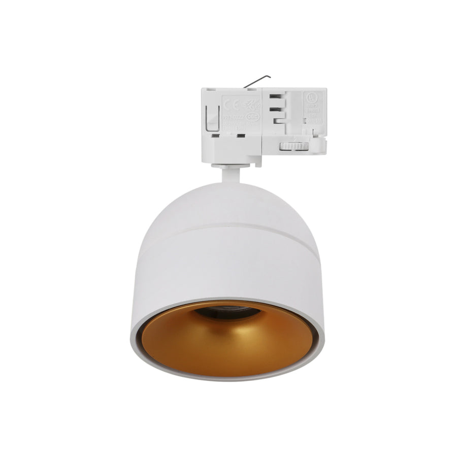 Vue de dessous du spot blanc, réflecteur intérieur doré et module LED central.