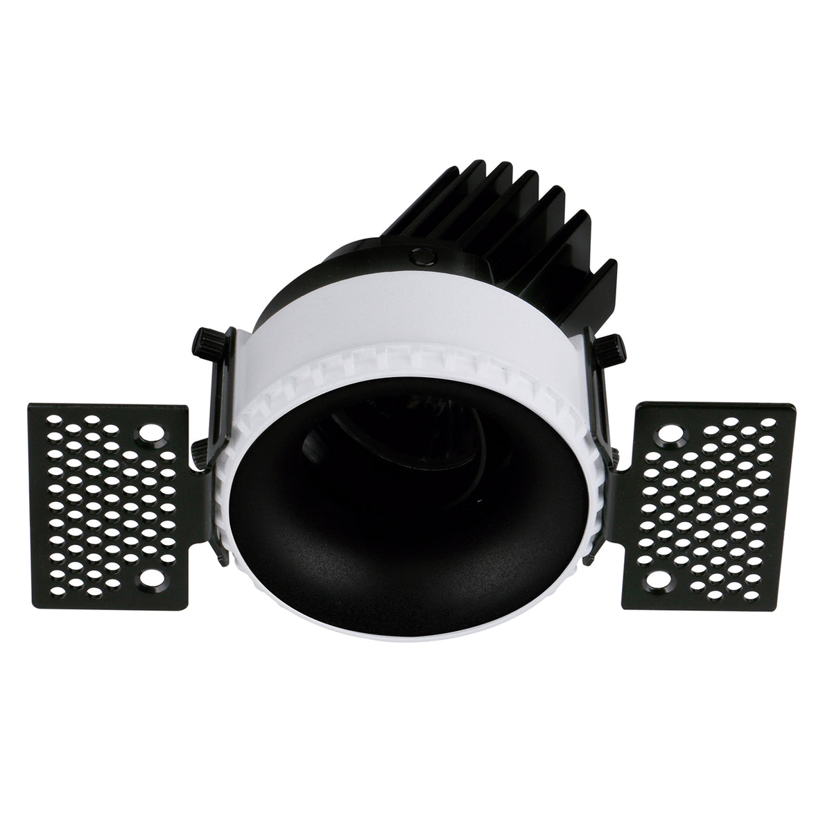 Spot encastrable noir et blanc montré de face, avec dissipateur arrière et pattes de fixation.