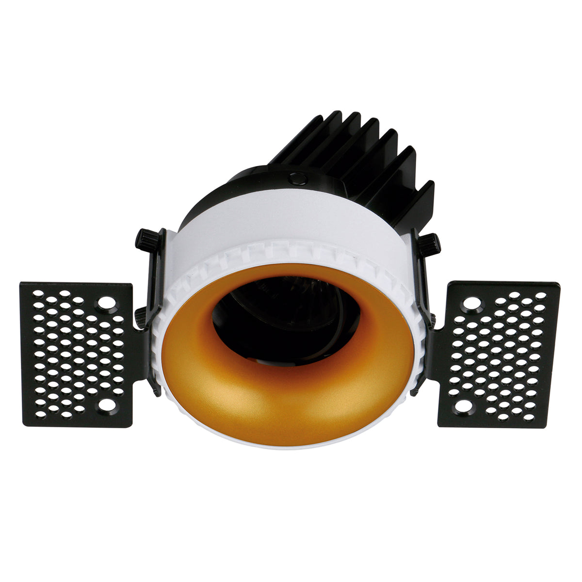 Vue frontale du spot avec collerette intérieure dorée et module LED central.