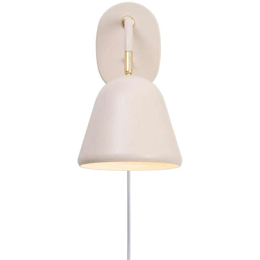 Vue de face, abat-jour conique beige et tige dorée verticale