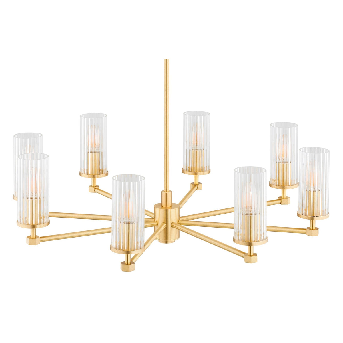 Vue en contre-plongée du lustre doré, dévoilant la structure radiale et les huit verres cylindriques