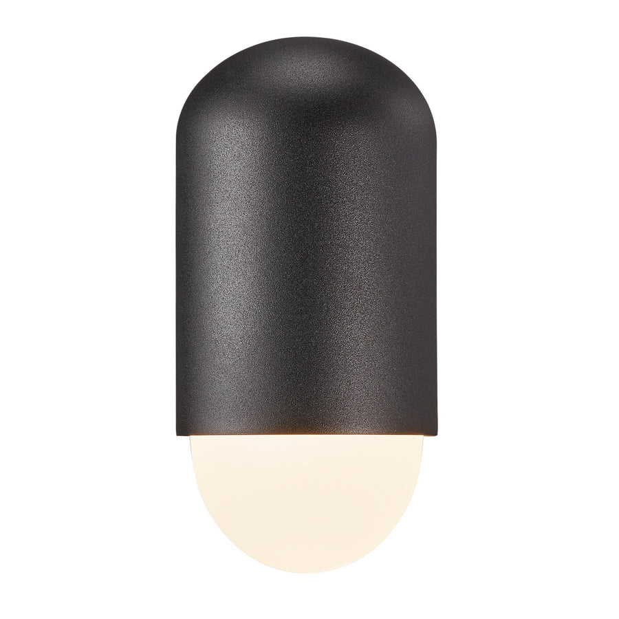 Vue de face de l'applique noire, corps arrondi et globe de verre opalin allumé