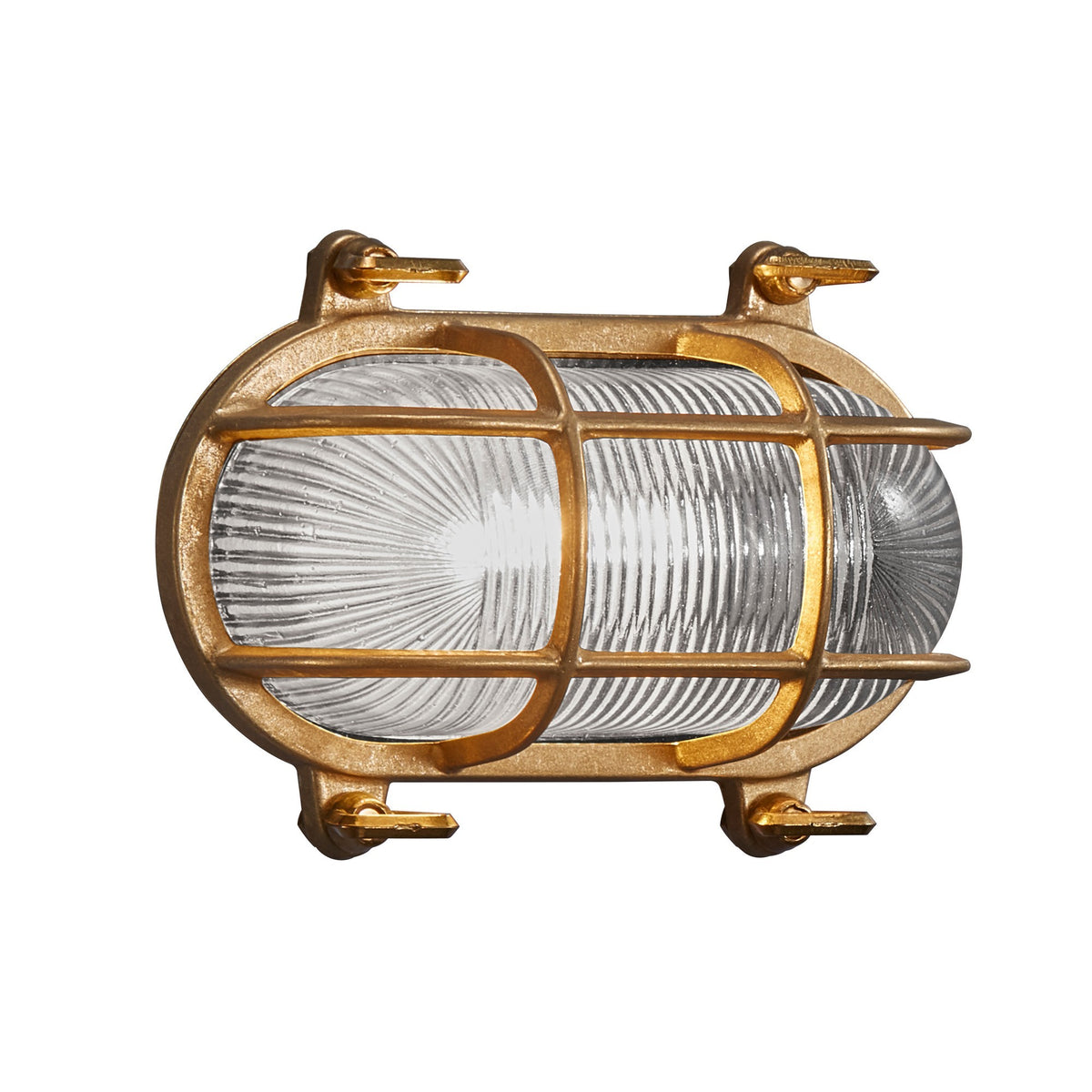 Vue rapprochée de l'applique en laiton, verre clair, éteinte, montrant la grille.