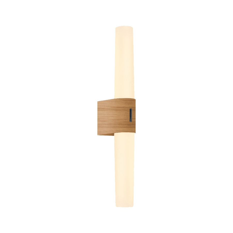 Applique allumée avec support en bois clair, lumière chaude diffusée par le tube