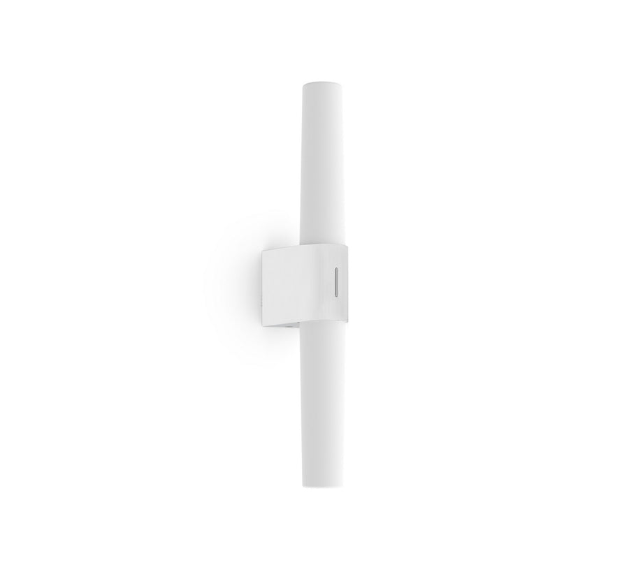 Applique murale blanche verticale vue de face, tube cylindrique sur socle rectangulaire fin