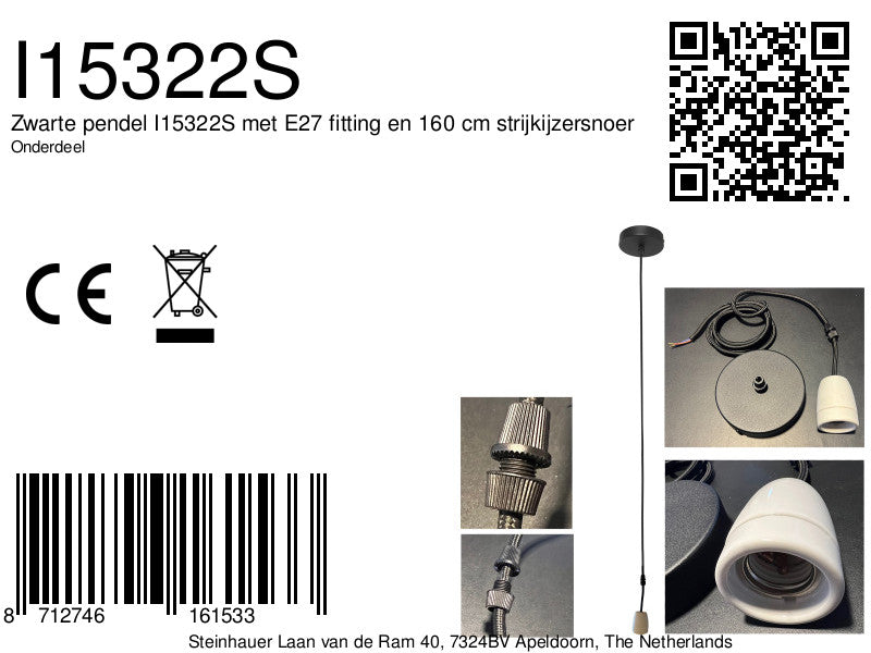 Suspension 160 cm avec douille en porcelaine E27