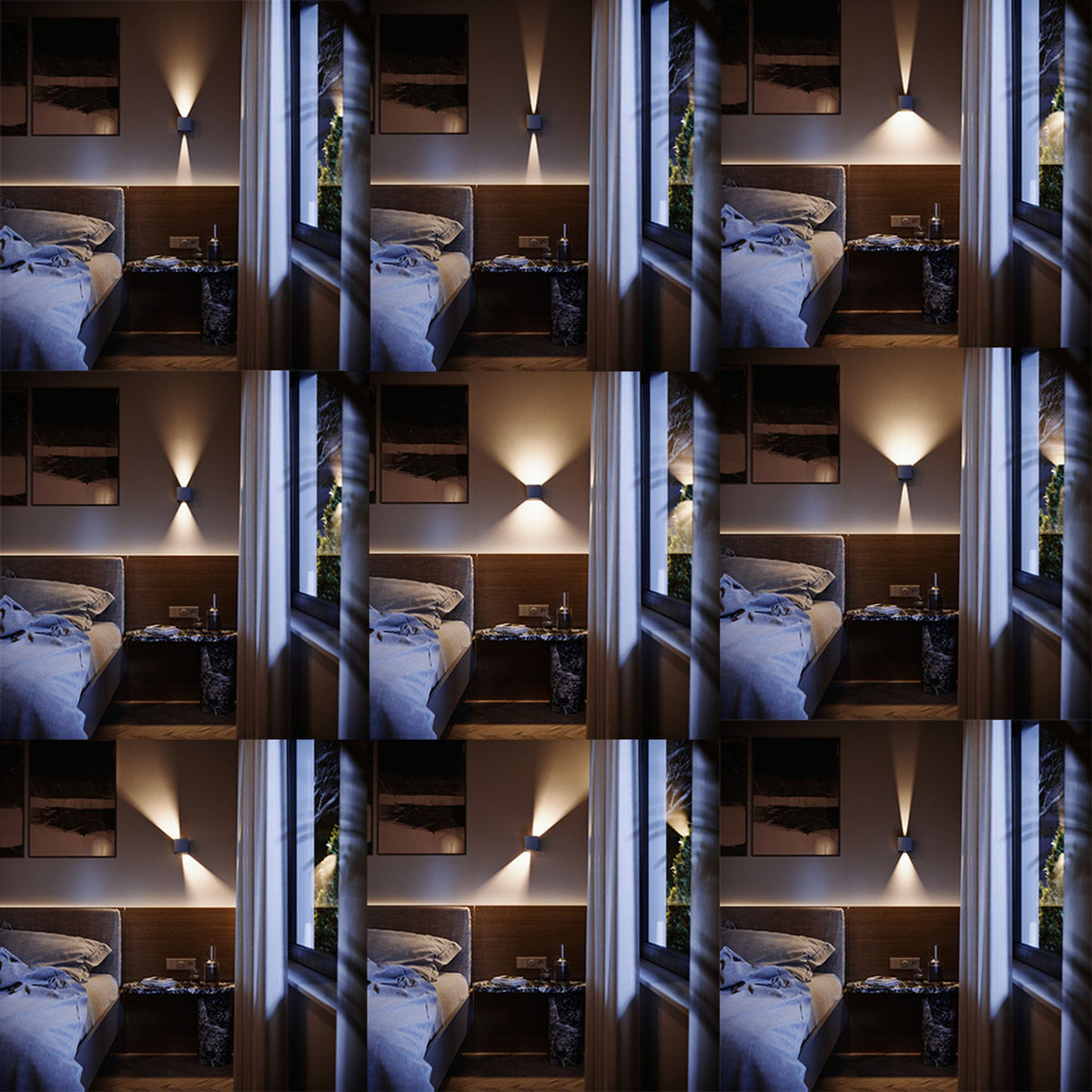 Mise en ambiance chambre, appliques murales de part et d'autre du lit