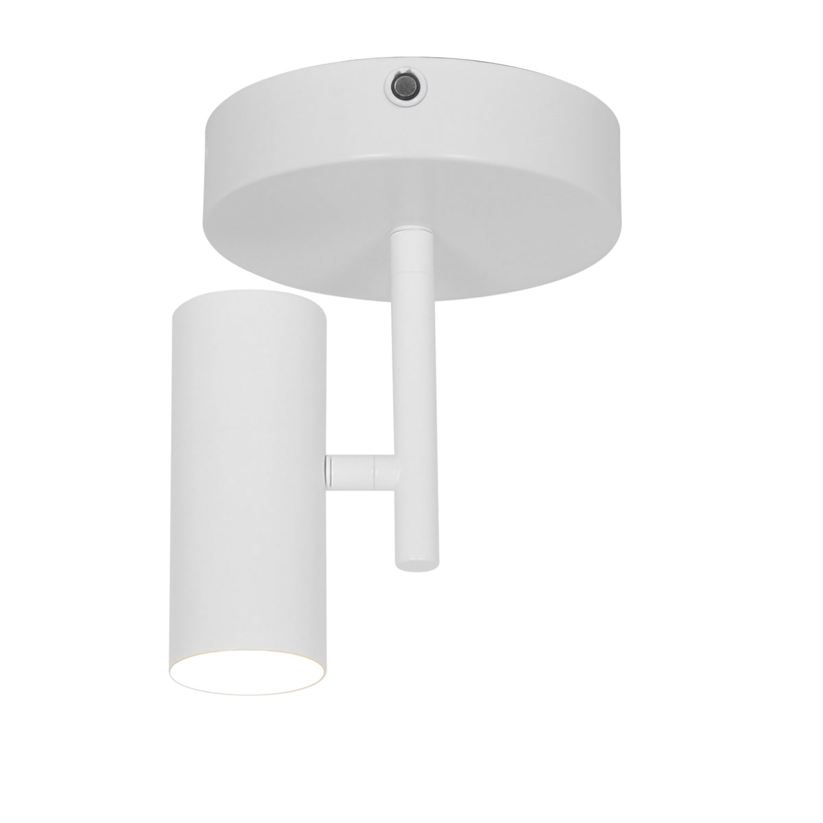 Vue de profil du plafonnier blanc, tête cylindrique orientée vers le bas.