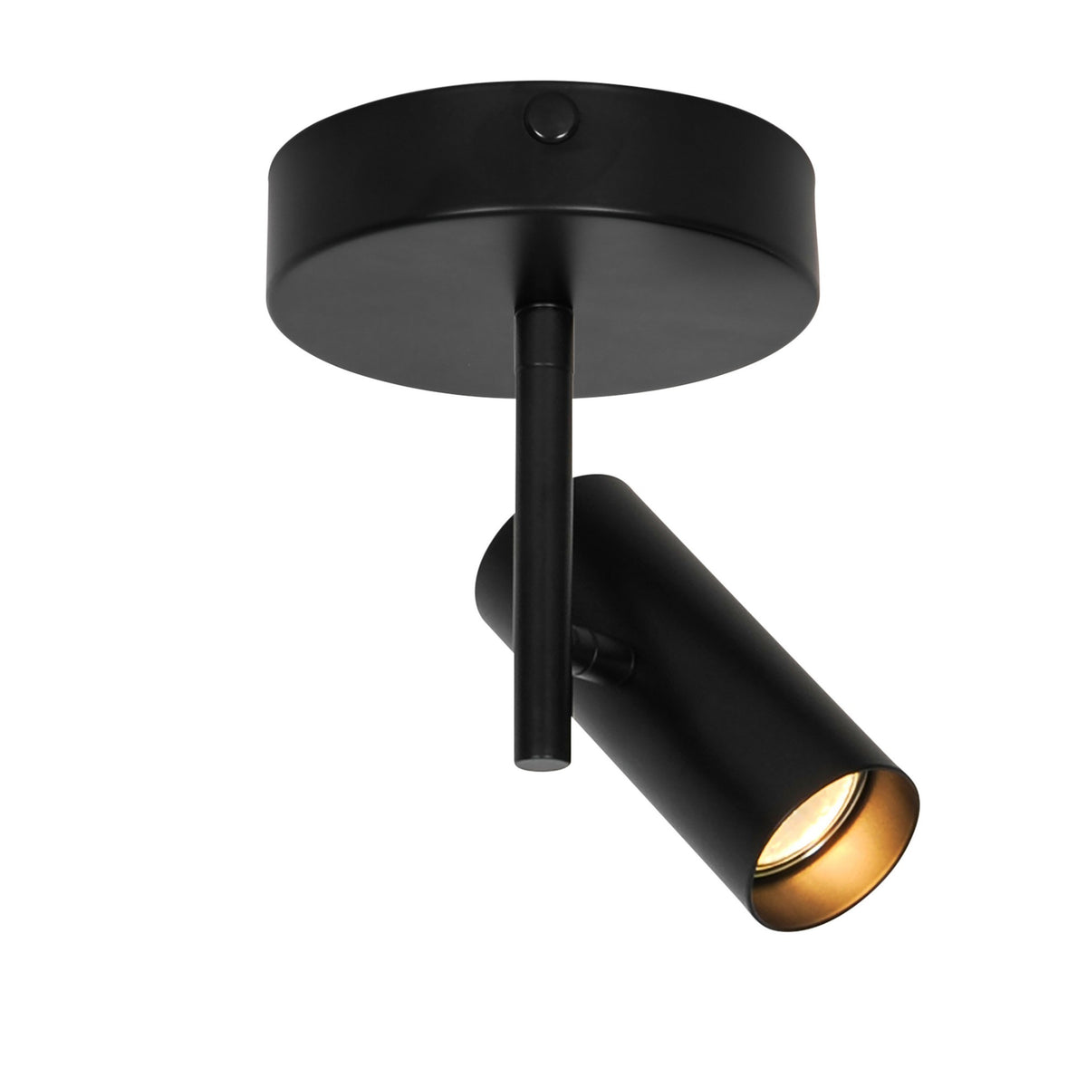 Version noire du plafonnier, projecteur cylindrique incliné avec intérieur doré.