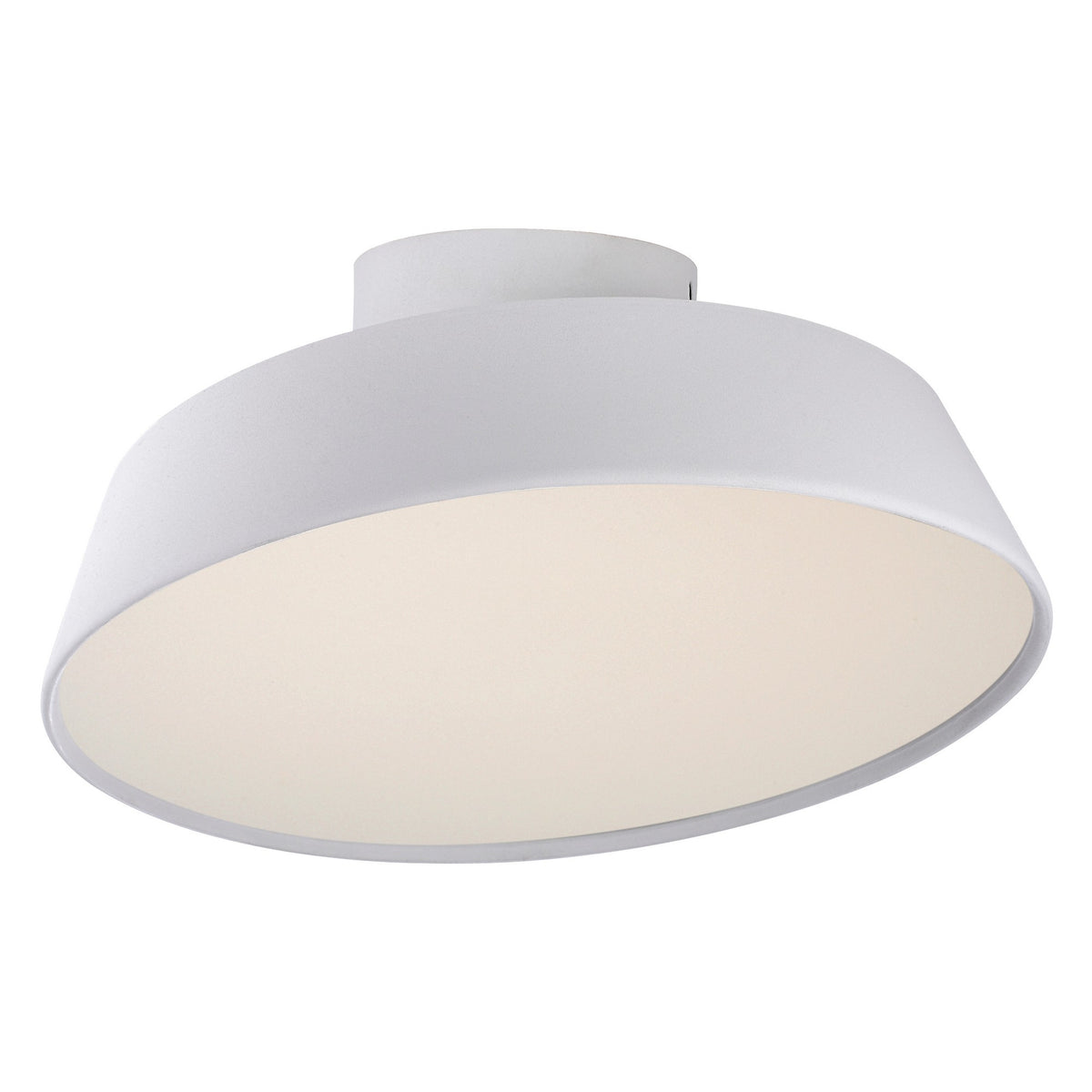 Vue de dessous du plafonnier blanc dévoilant le large diffuseur circulaire couleur crème