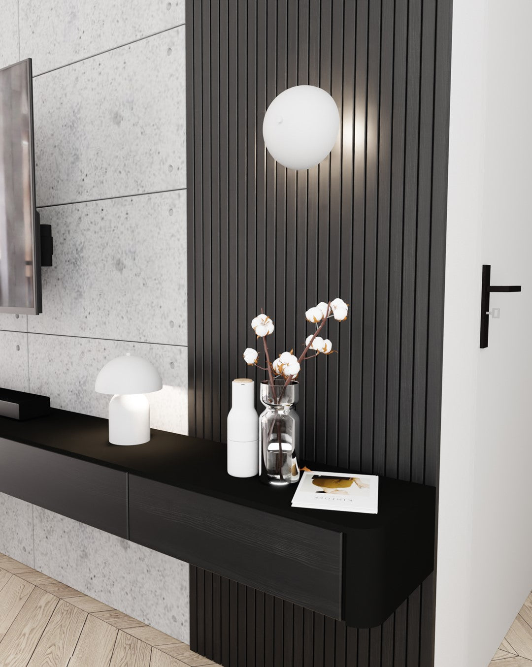 Lampe posée sur meuble bas noir, décor vase en verre et branche de coton