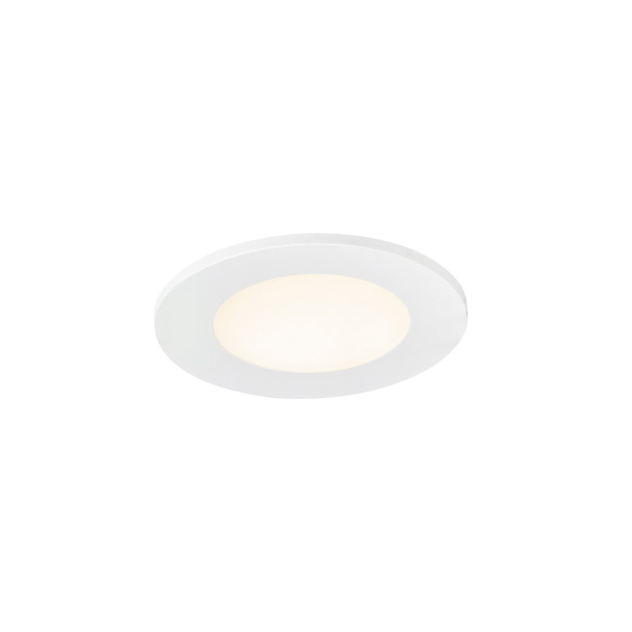 Vue trois quarts d'un spot encastrable blanc, collerette fine et diffuseur lumineux