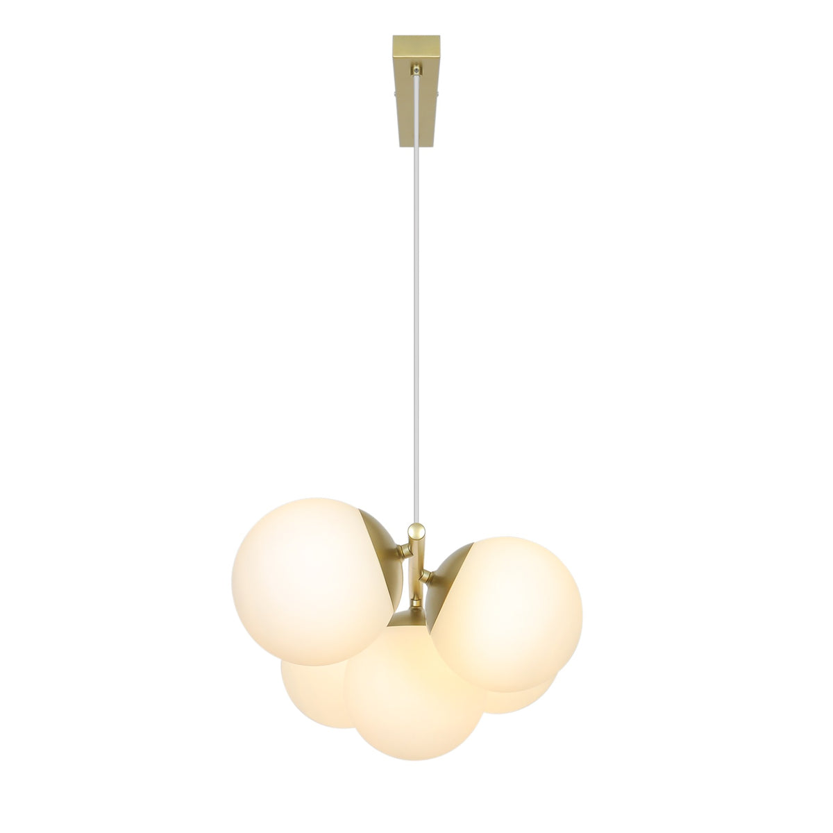 Luminaire vu de dessous, boules de verre regroupées autour du support central