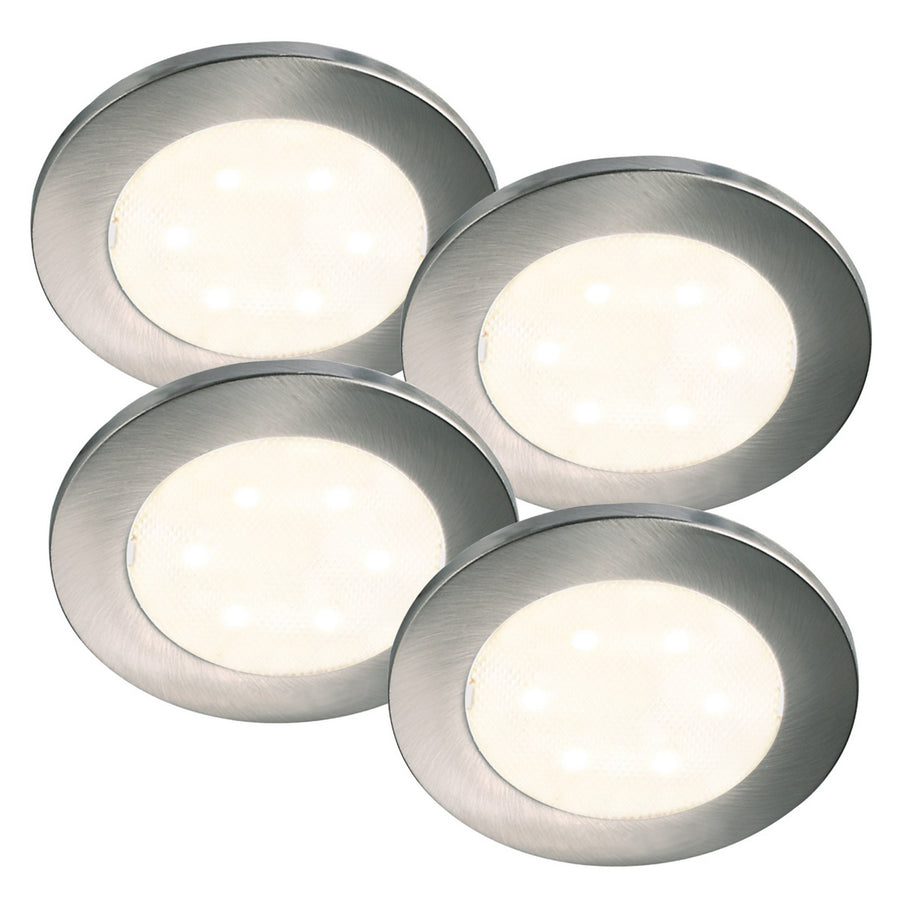 Quatre spots LED ronds à finition chromée, présentés de face sur fond blanc