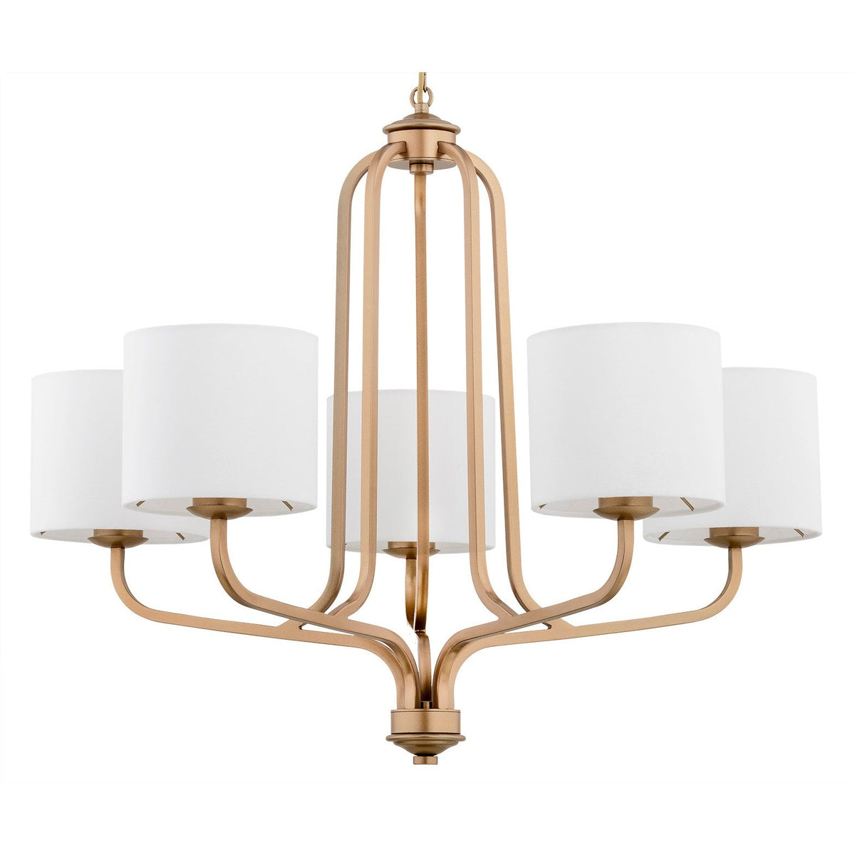 Gros plan sur le luminaire doré et ses cinq abat-jours cylindriques blancs, sans la chaîne.
