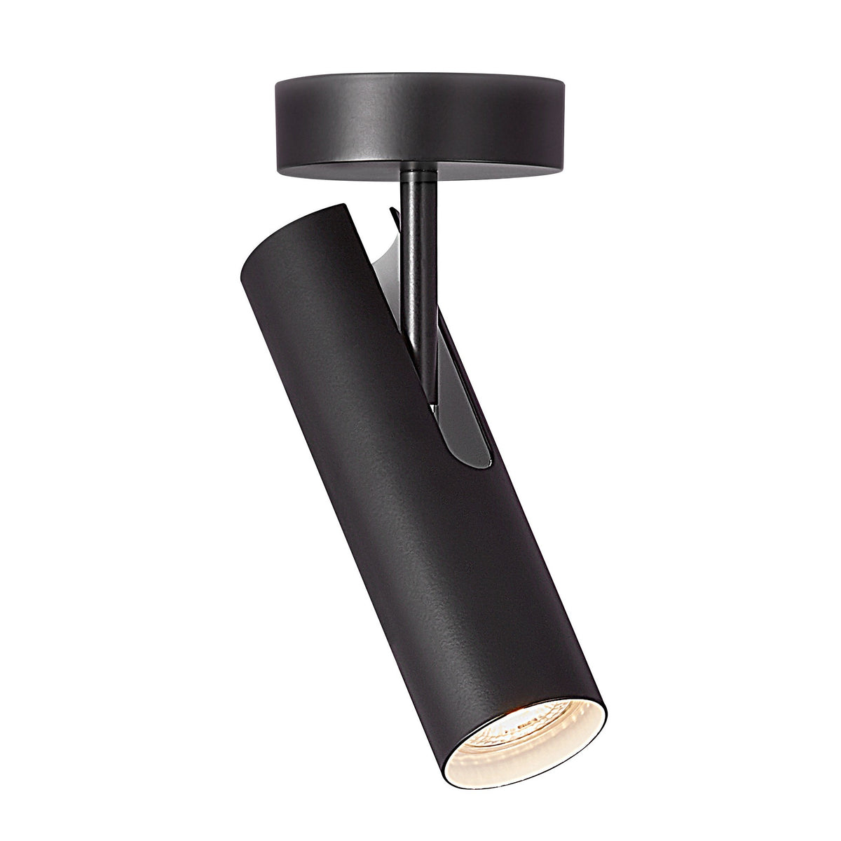 Spot cylindrique noir orientable vu de trois quarts, finition mate et source allumée.