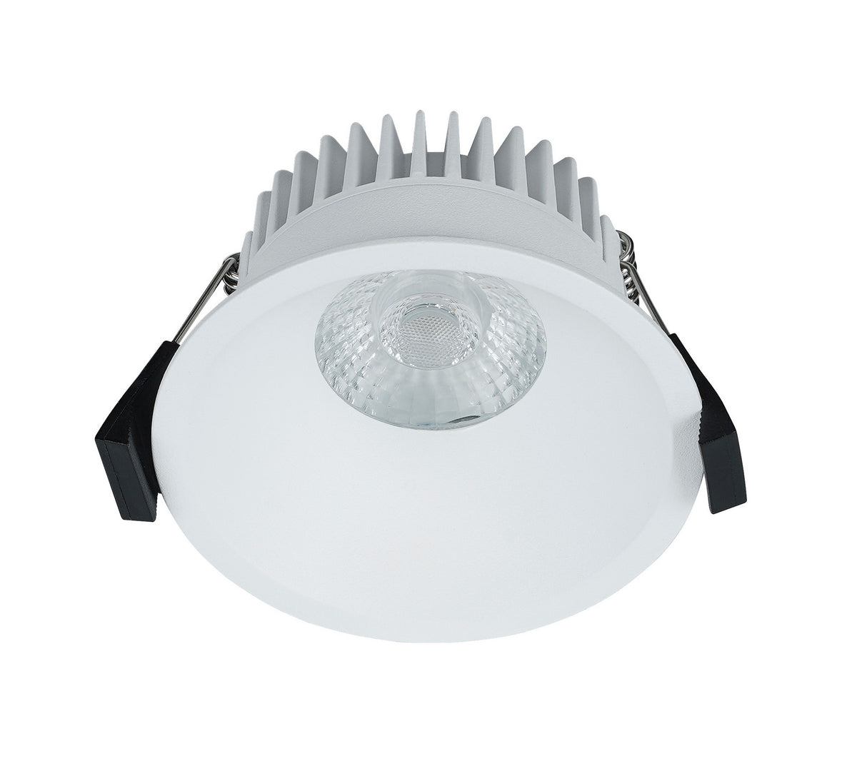 Profil du spot encastrable blanc, ailettes de refroidissement et ressorts de fixation.