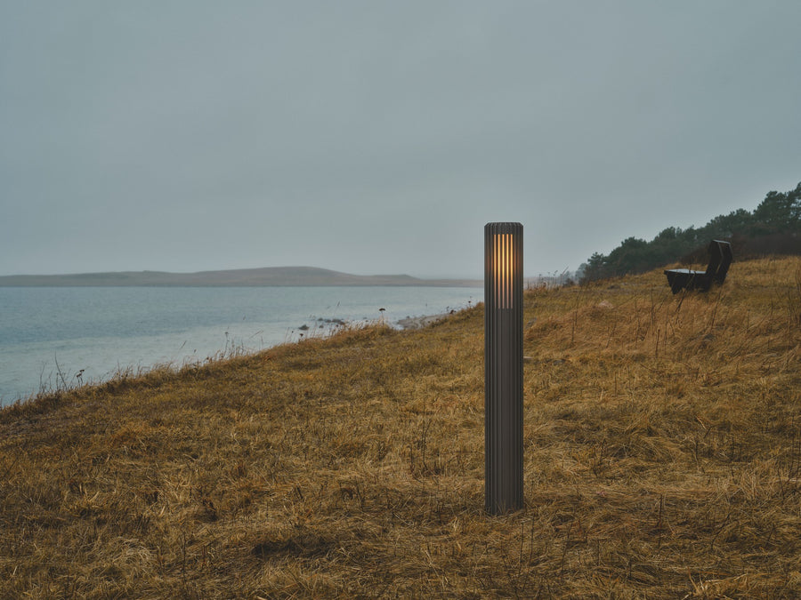 Borne éclairée seule dans une prairie sèche face à la mer
