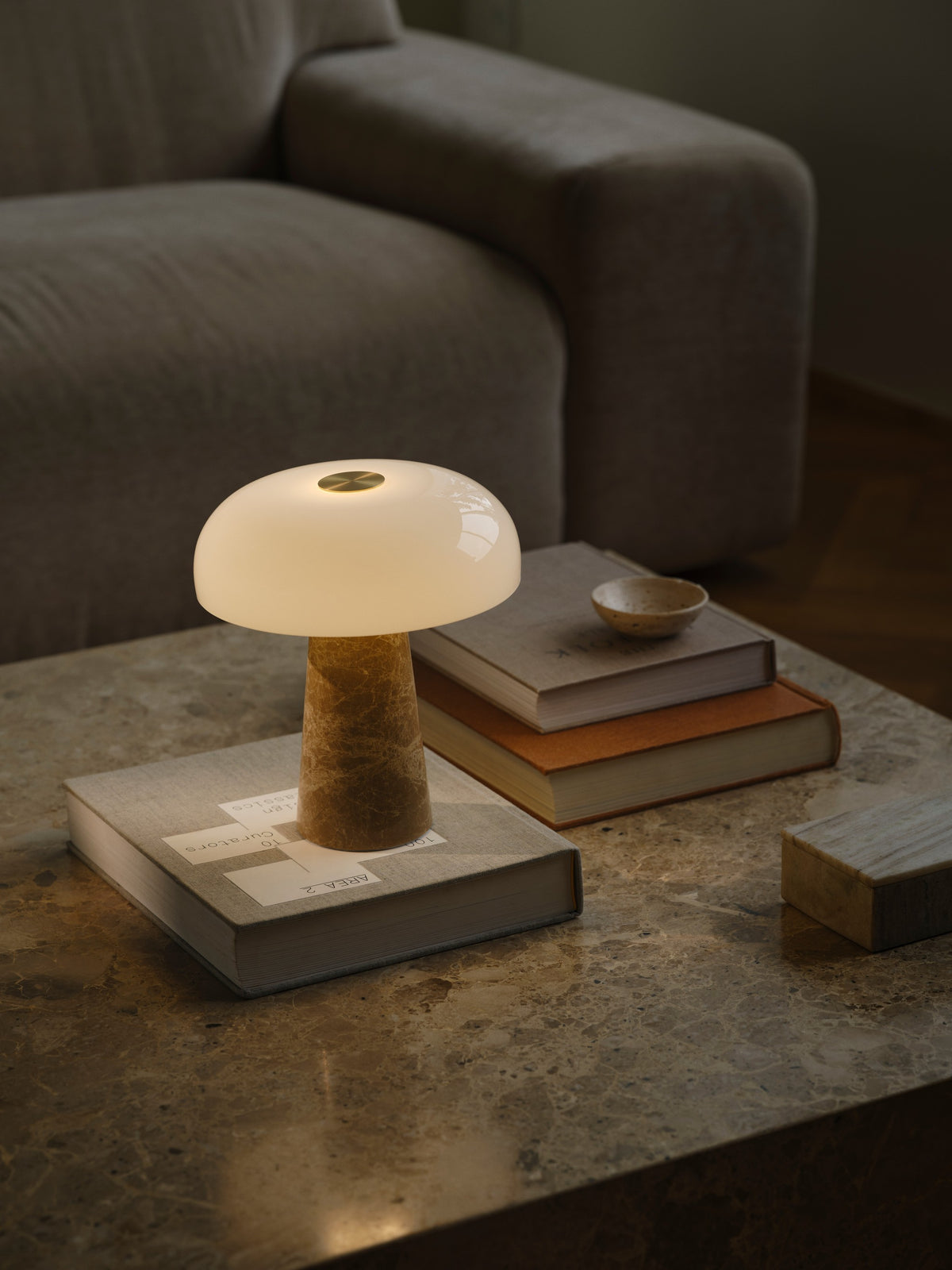 Mise en ambiance sur une table basse, près d'un canapé et de livres