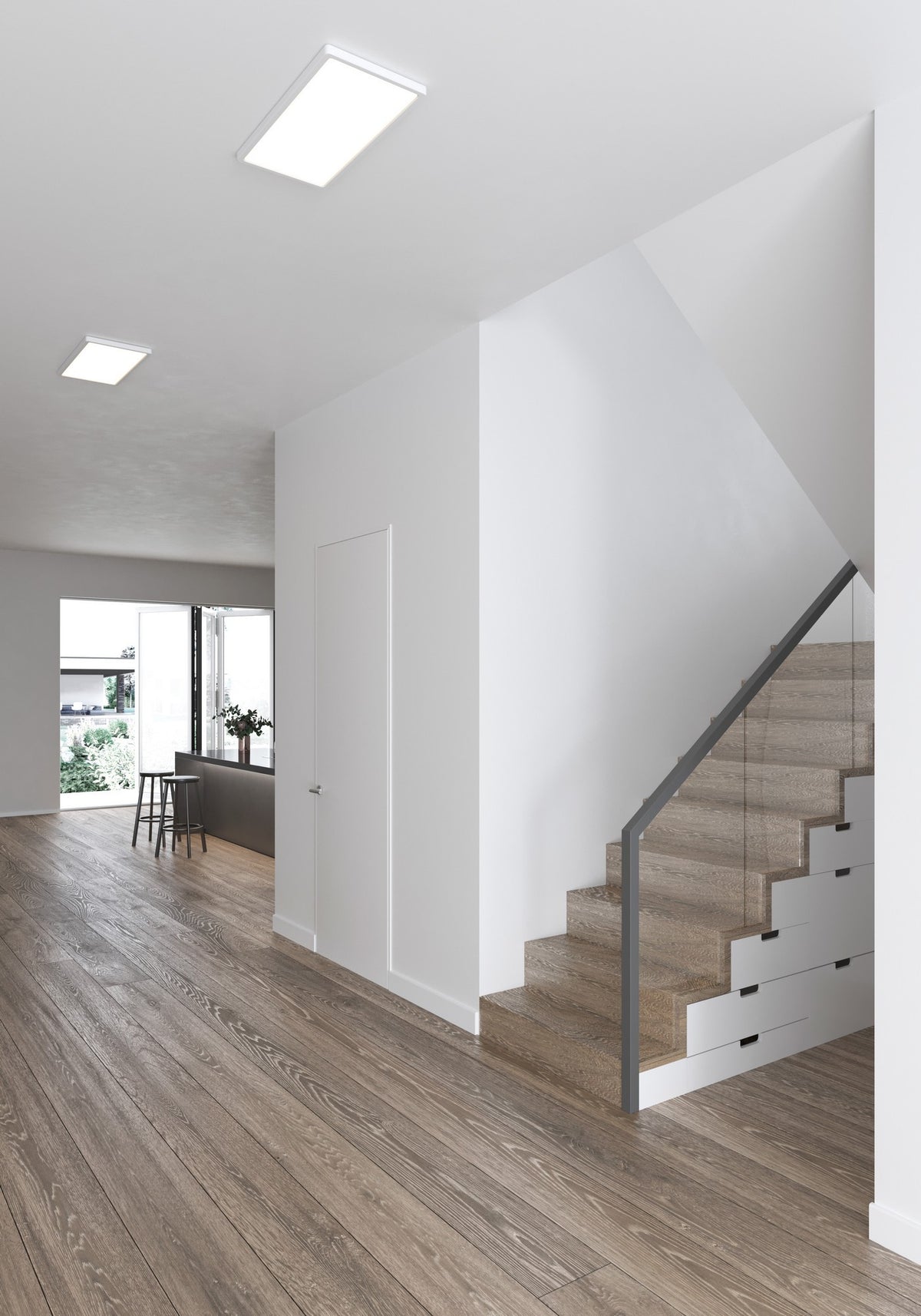 Mise en ambiance dans un hall moderne, plafonniers rectangulaires au plafond