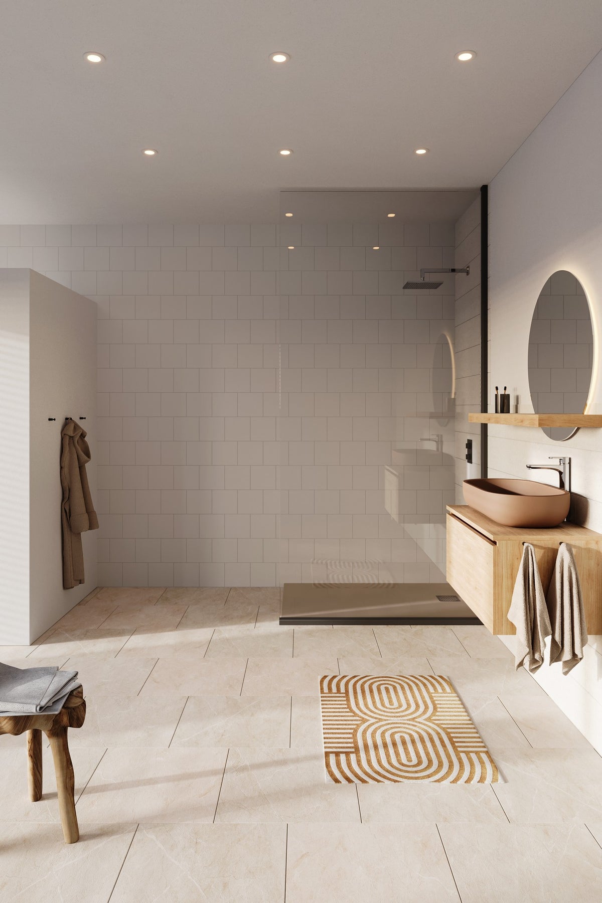 Mise en ambiance : spots encastrés au plafond d'une salle de bain claire et moderne
