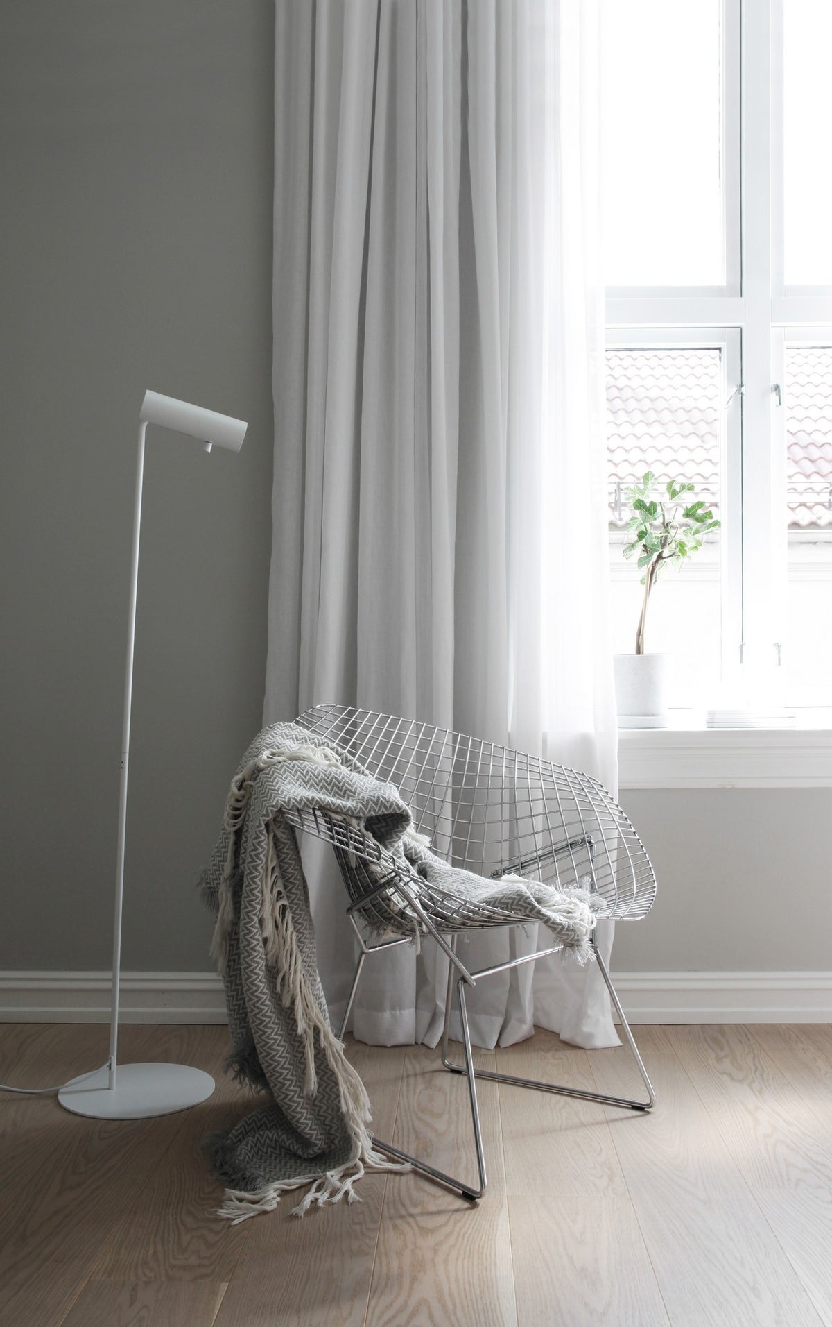 Ambiance avec fauteuil filaire, plaid, rideaux et plante près de la fenêtre