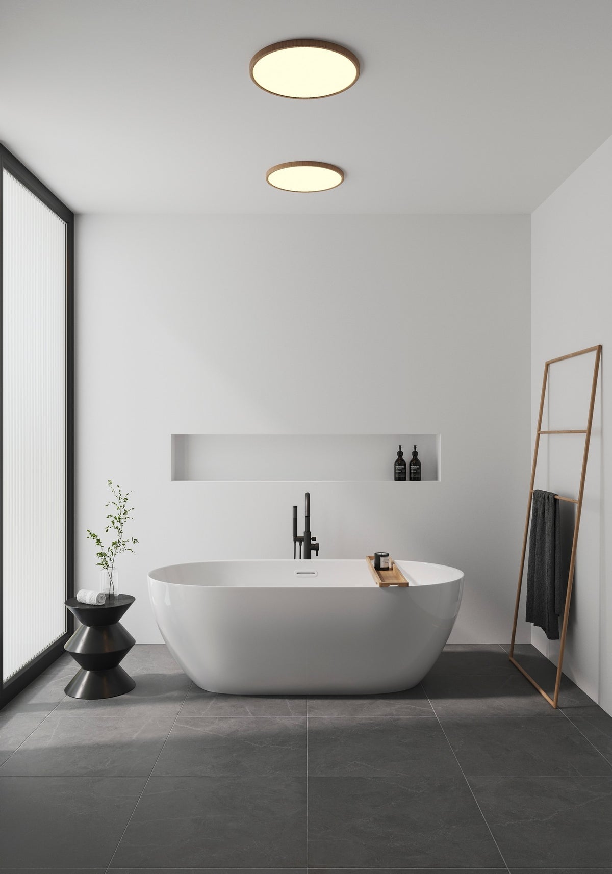 Mise en ambiance salle de bain contemporaine avec deux plafonniers ronds allumés au plafond