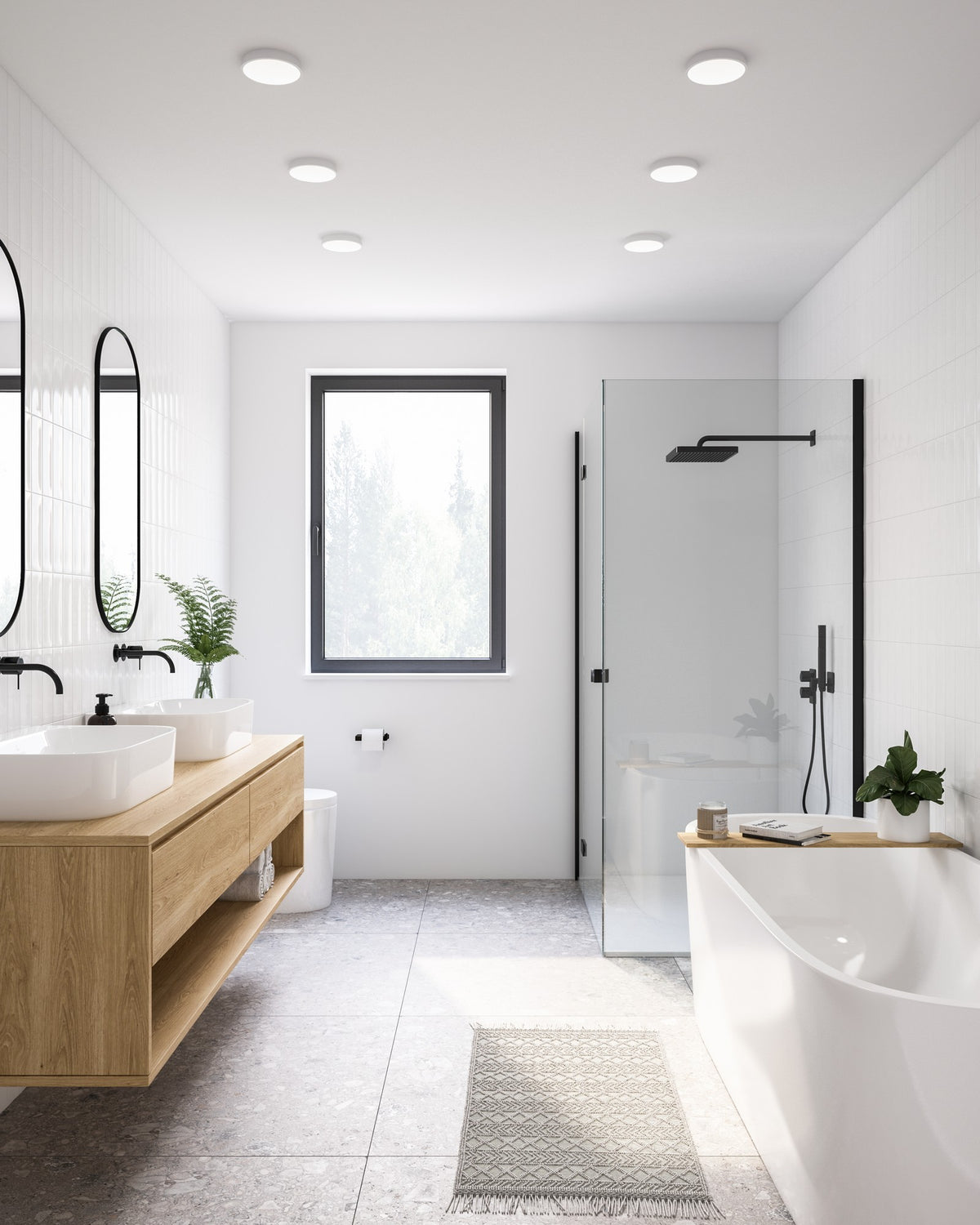 mise en ambiance d'une salle de bain moderne avec plusieurs spots au plafond