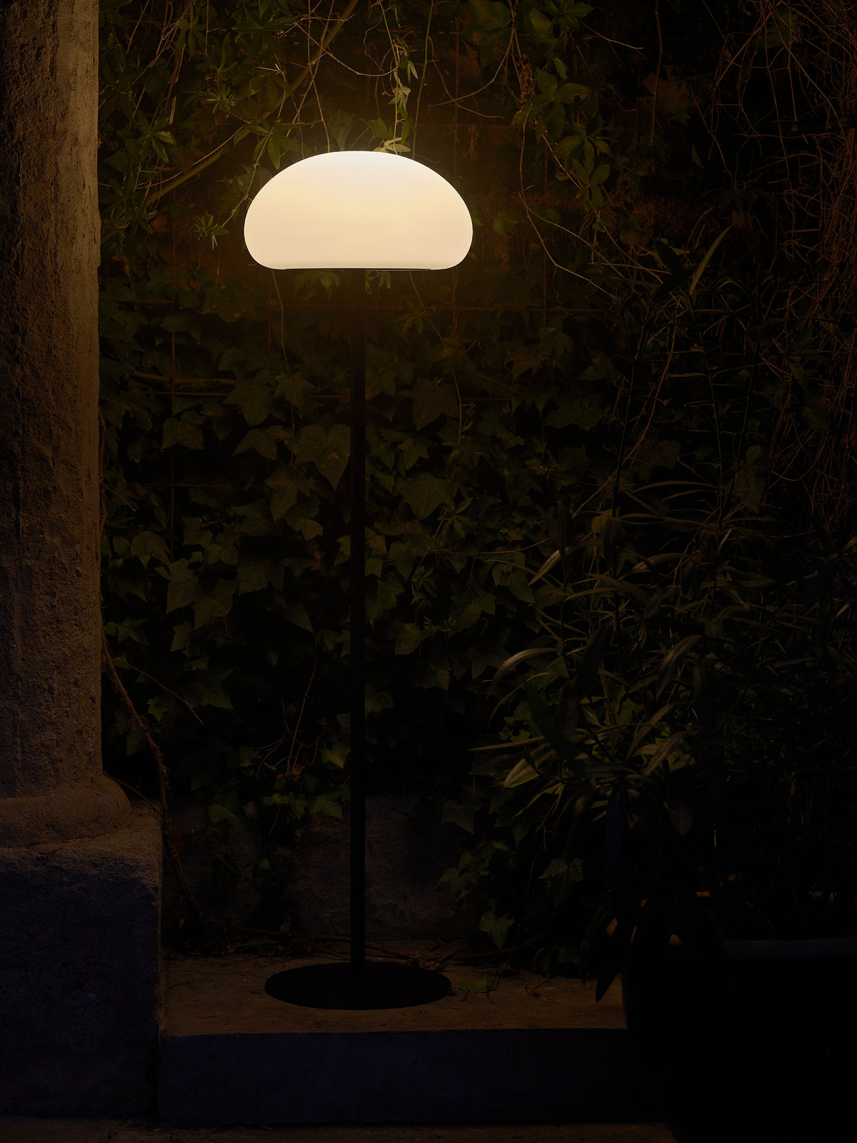 Ambiance nocturne dans un jardin, lampe allumée près d'un mur et de lierre.