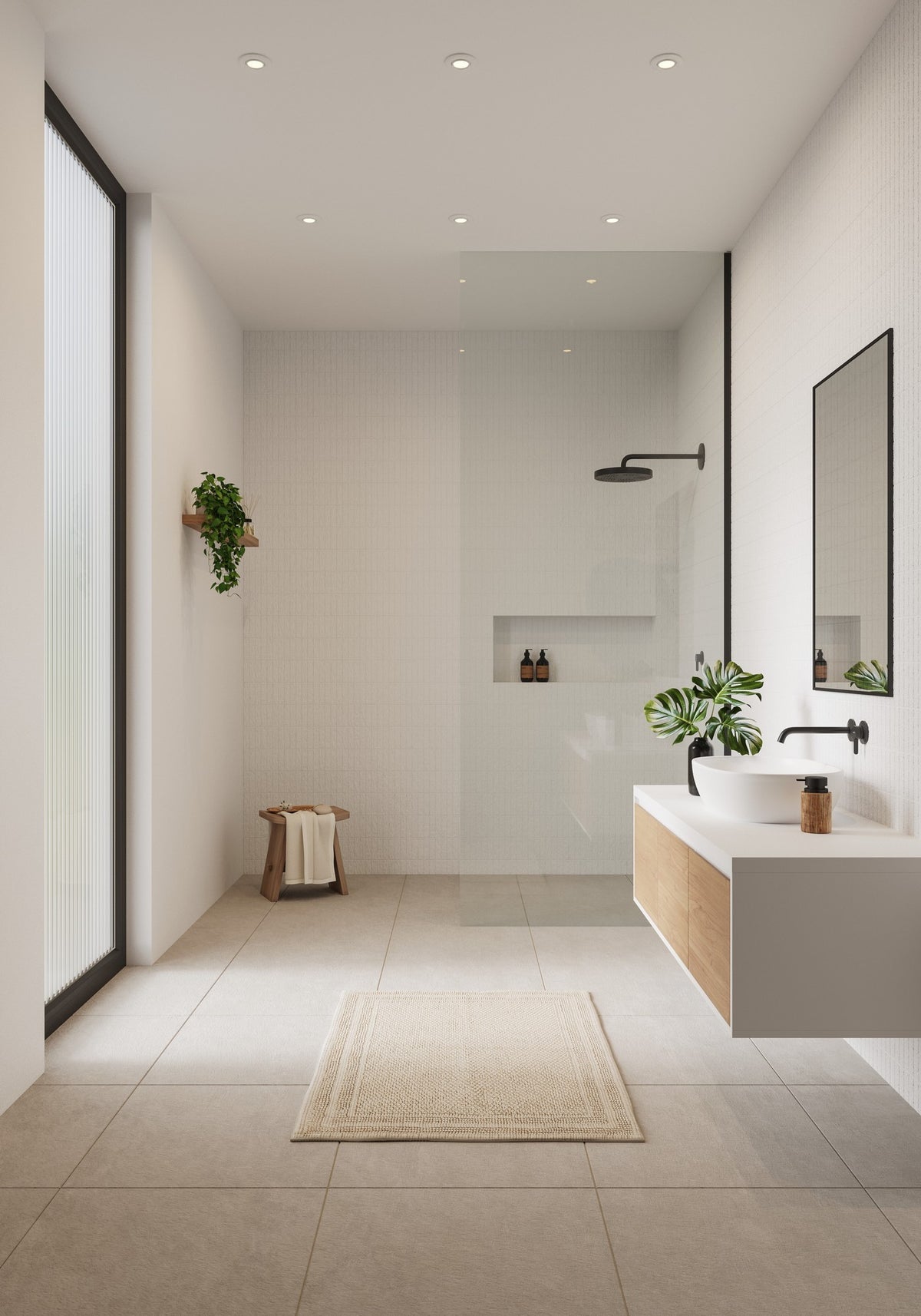 Mise en ambiance d'une salle de bain moderne avec plusieurs spots encastrés au plafond.