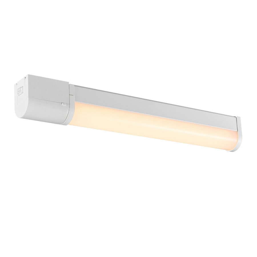 Vue en perspective du luminaire allumé, profil trois-quarts sur fond blanc