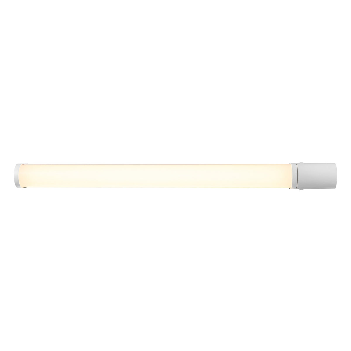 Vue de face du luminaire allumé, long diffuseur opale et embouts gris