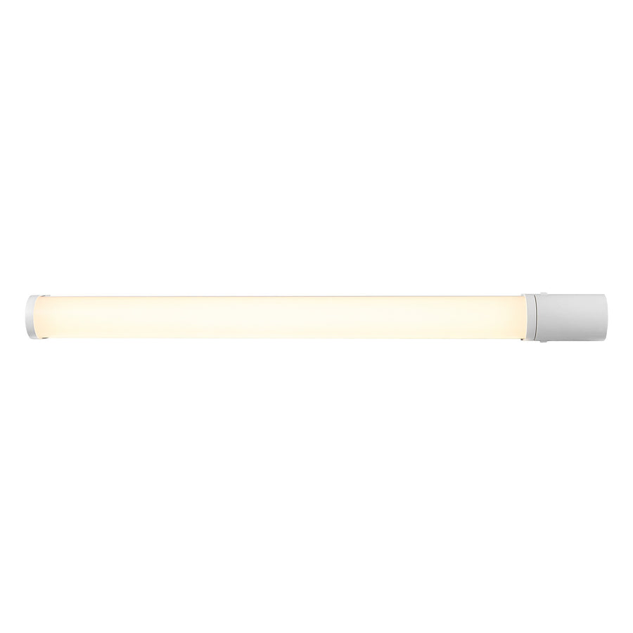 Vue de face du luminaire allumé, long diffuseur opale et embouts gris