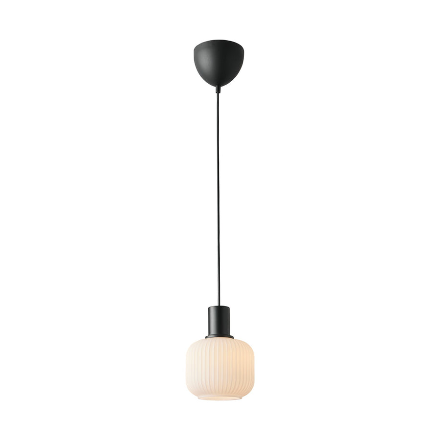 Suspension complète vue de face, câble noir, douille et diffuseur en verre strié