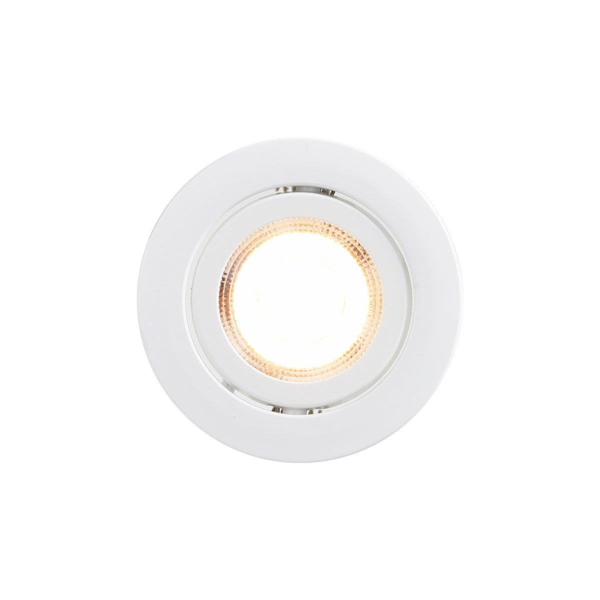 Vue du dessous du spot rond blanc allumé, finition lisse et diffuseur strié.