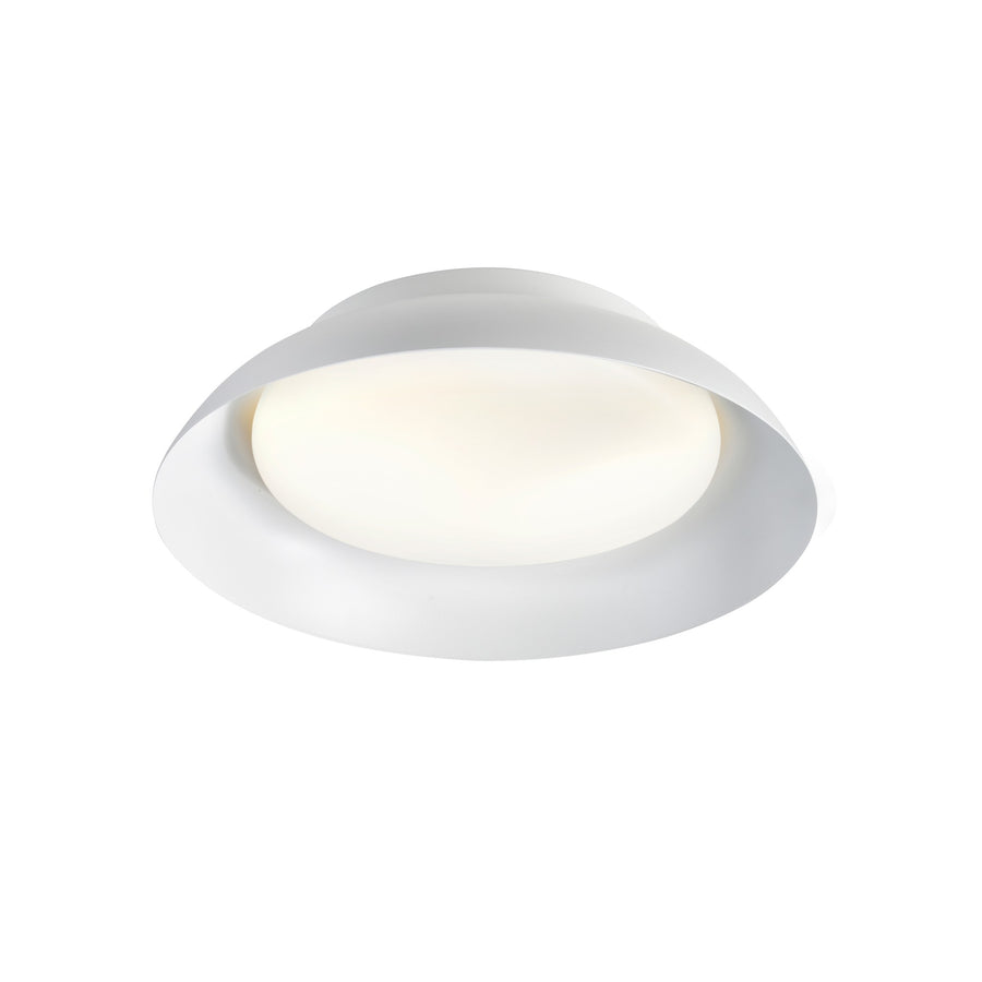 Vue de trois quarts du plafonnier rond blanc avec diffuseur opale allumé.