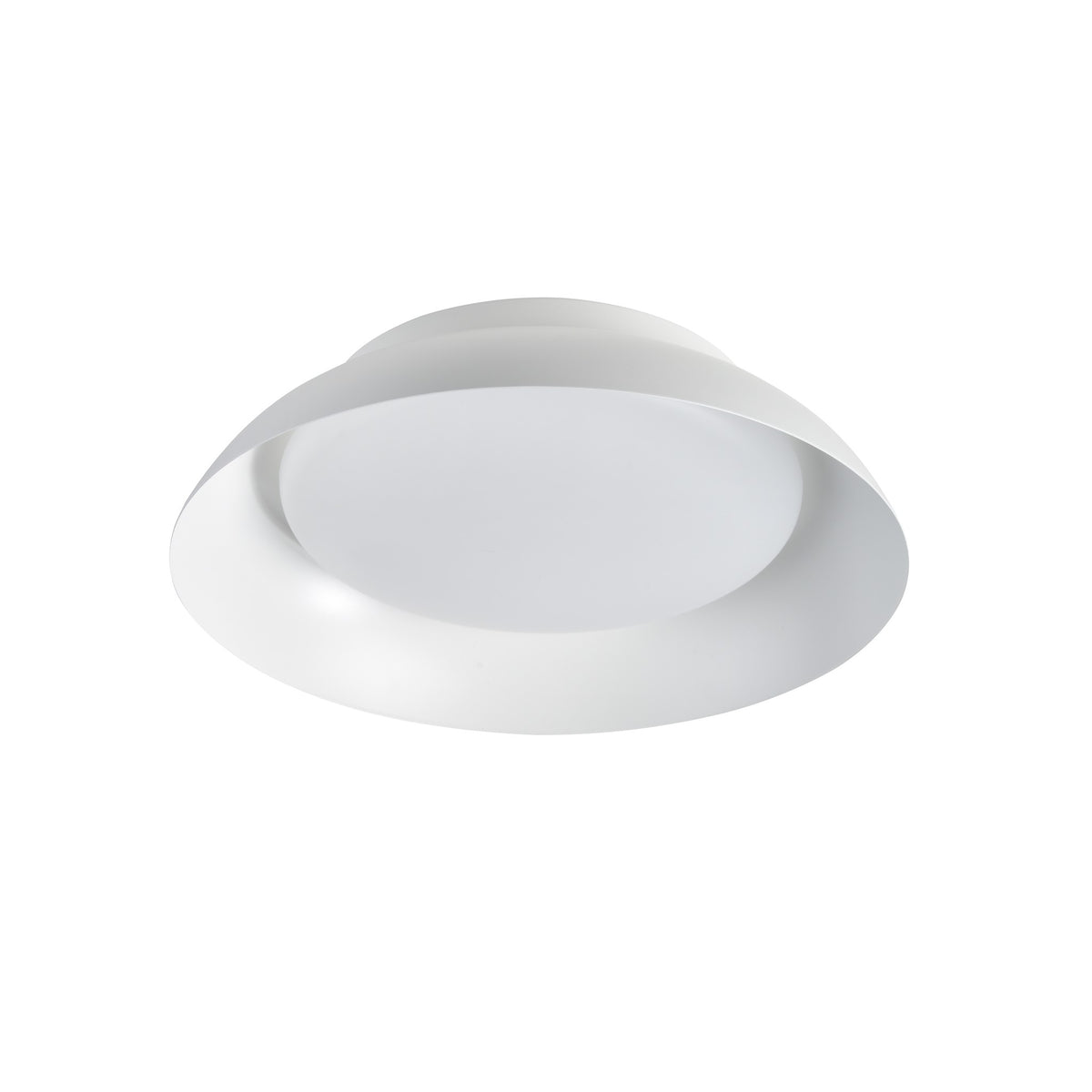 Vue rapprochée du plafonnier blanc éteint montrant la collerette extérieure et le diffuseur.