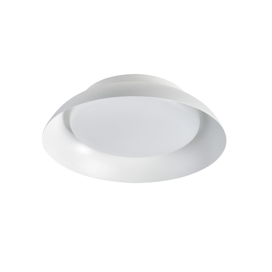 Vue rapprochée du plafonnier blanc éteint montrant la collerette extérieure et le diffuseur.