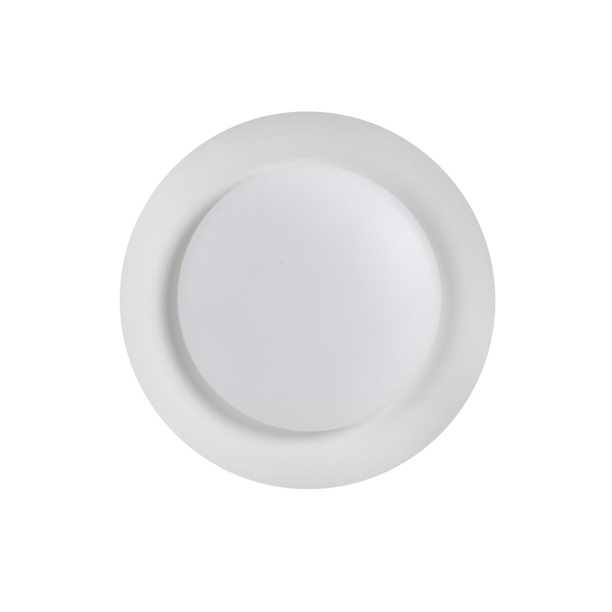 Vue de dessous du luminaire rond blanc, forme circulaire et verre opalin centré.