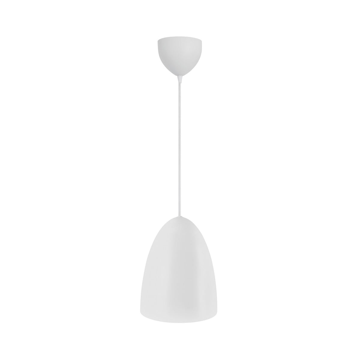 Vue légèrement décalée du luminaire, câble et rosace de plafond apparents.